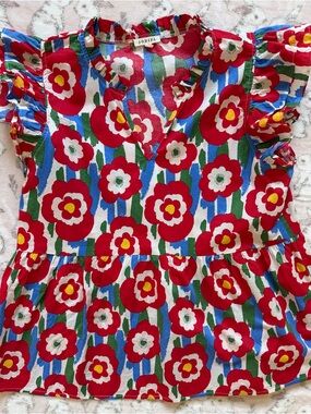 JODIFL Red Floral Ruffle Sleeve Top with Blue and Green Accents